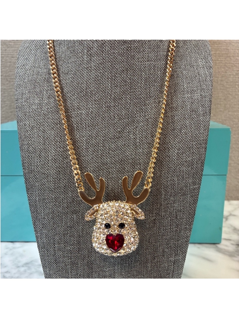 NWT Betsey Johnson Crystal Pave  Gold-tone Reindeer Necklace with Red Heart